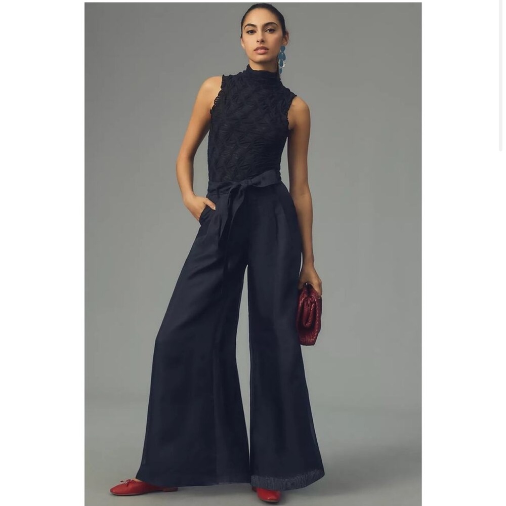 By Anthropologie Silk Organza Wide-Leg Pants - Size 10 Black Tie Waist